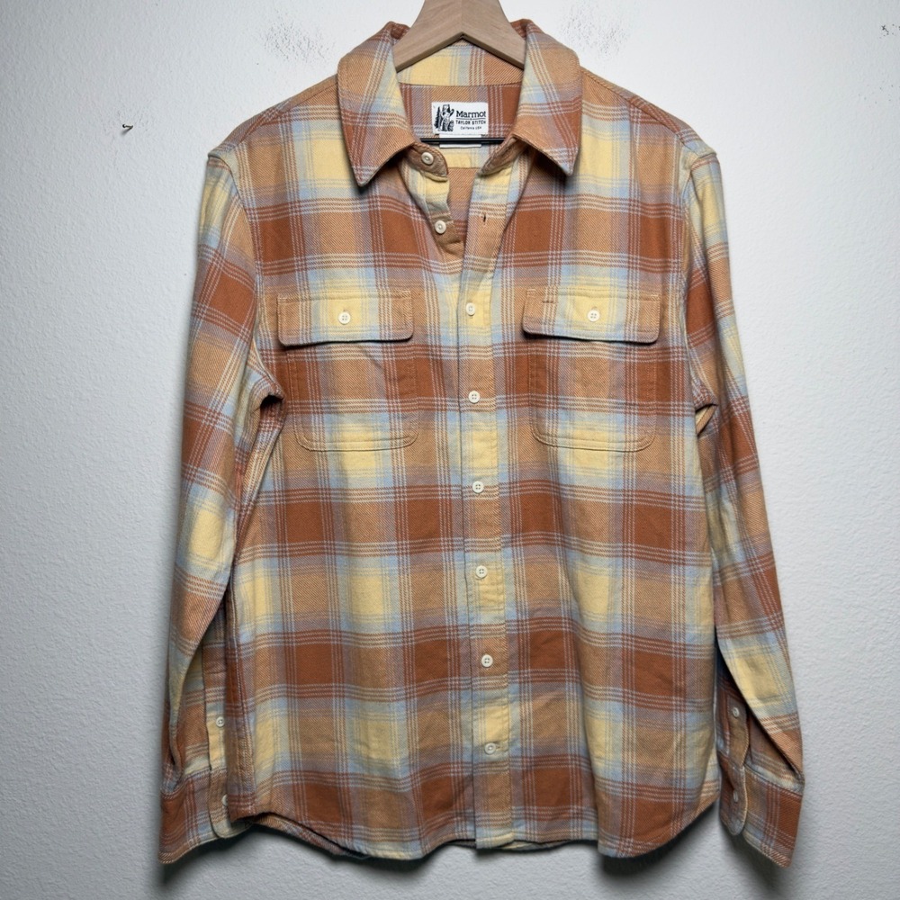 Marmot x Taylor Stitch Men Ledge Shirt Cotton Flannel Orange Plaid Button Up